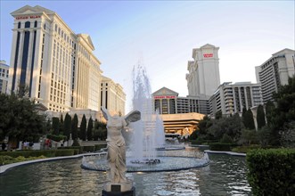Las Vegas, Nevada, USA, North America, Impressive buildings and a large fountain illuminated by the
