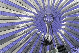 Dome, Sony Centre, Mitte, Berlin, Germany, Europe, A modern metal roof construction with a purple