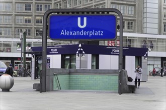 Berlin, Germany, Europe, Entrance to Alexanderplatz underground station with a blue sign and