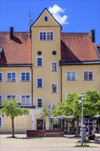 Yellow pointed gable facade on Sanlt-Mang-Platz, with space for text, Kempten, Allgaeu, Bavaria,