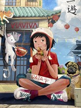 Street art showing Asian child eating pizza, Chinato Buenos Aires, Argentina, South America