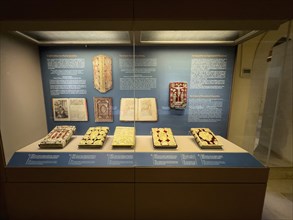 Showcase in museum Monastery museum with antique books partly from historical former copying