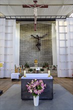 Altar with crucifix, modern church, St Ulrich, Kempten, Allgaeu, Swabia, Bavaria, Germany, Europe