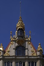 Commerzbank, former Ebert department stores', gilded facade elements, allegories, Leipzig, Saxony,
