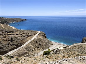 View from elevated position on front beach of Ilingas Beach on south coast of Crete island at