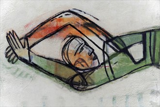 Abstract wall painting of a reclining figure in green and orange, wall painting, East Side Gallery,