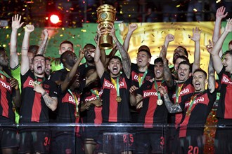 Cheering, joy, victory celebration, honour, award ceremony of the cup winner Bayer 04 Leverkusen,