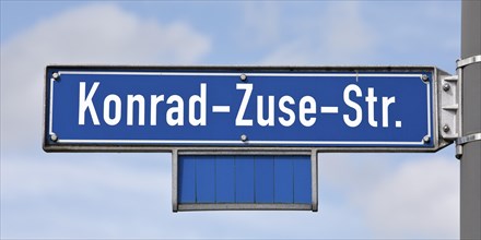 Street sign Konrad-Zuse-Strasse, Phoenix-West, Hoerde, Dortmund, Ruhr area, North Rhine-Westphalia,