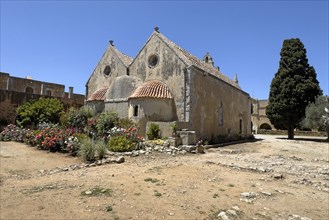 View of rear wall of double-nave church building Church of Arkadi Monastery with double apse in