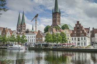 City view, town houses, Trave, promenade, An der Obertrave, Luebeck, Schleswig-Holstein, Germany,