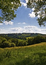 Hilly cultural landscape with blue sky and clouds, Wetter (Ruhr), Ruhr area, North