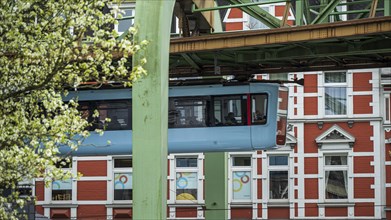 Suspension railway passes a red and white building surrounded by blossoming trees in Wuppertal