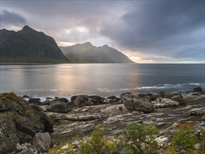 Rocky coast of Tungeneset, sunrise, Senja, Norway, Europe