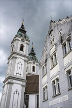The twin towers of the Catholic parish church of St Peter, formerly the monastery church of the