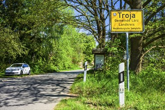 Town sign Troja Mueritz, Laerz, Mecklenburg-Vorpommern, Germany, Europe