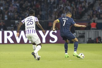 Football match, captain Kylian MBAPPE' Paris St. Germain right on the ball and Kevin KEBEN FC