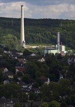 Sunlit Cuno power station with 248 metre high chimney, Herdecke, North Rhine-Westphalia, Germany,