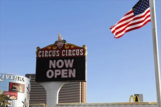 Las Vegas, Nevada, USA, North America, Sign for the Circus Circus Hotel with the inscription 'Now