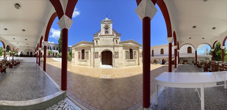 Panoramic photo of historical orthodox church monastery church Zoodochos Pege in Byzantine style