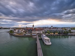 View of Friedrichshafen from the Moleturm, clouds at sunset, sun star, ship, Lake Constance,
