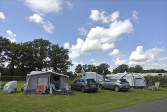 Camping with caravan, caravan with awning, Camping Sonnensee, Versmold, North Rhine-Westphalia,
