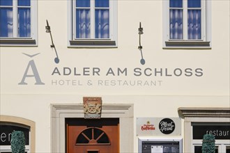 Adler am Schloss, hotel, pub, restaurant, lettering on facade, window, door, entrance, detail,
