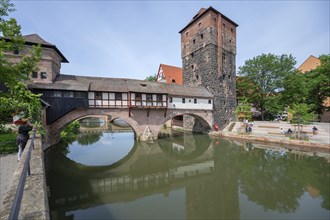 Henkersteg with water tower on the Pegnitz Nuremberg, Middle Franconia, Bavaria, Germany, Europe
