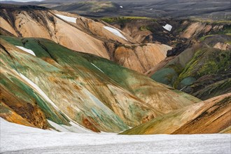 Colourful volcanic landscape with hills and snow, Laugavegur trekking trail, Landmannalaugar,