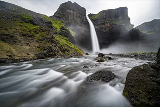 Haifoss and Granni waterfall at a canyon, Fossá í Thjórsárdal, with river í Thjórsárdal, long