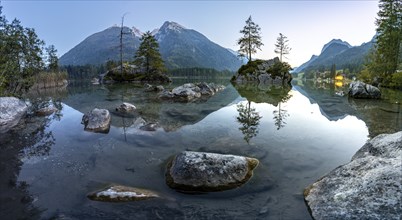 Hochkalter reflected in Hintersee, at sunset, Berchtesgaden National Park, Ramsau, Upper Bavaria,