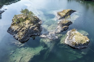 Aerial view of islands in lake Lovatnet (or: Loenvatnet), valley Lodalen south of village Loen,