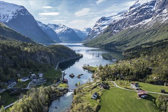 Aerial view of lake Lovatnet (or: Loenvatnet), view towards south to glacier Jostedalsbreen,