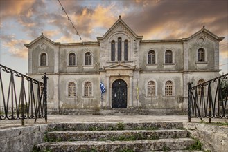 Great typical Greek town and buildings. Mediterranean cityscape in the evening at sunset on