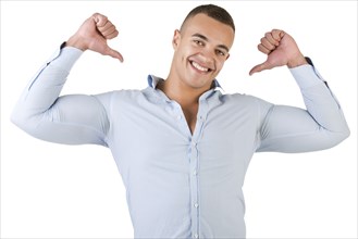 Happy man pointing at himself, isolated in white