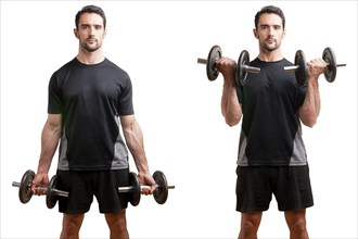 Personal Trainer doing standing dumbbell curls for training his biceps, isolated in white