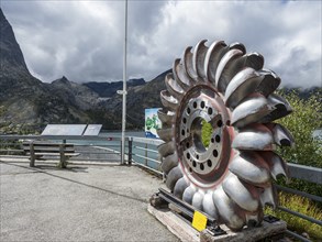 Exhibition of water turbine at reservoir dam Barrage Emosson, Finhaut, Switzerland, Europe