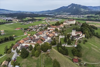 Aerial view of Gruyeres, village and castle, Switzerland, Europe