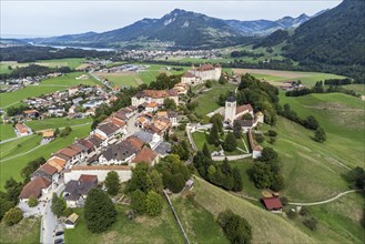 Aerial view of Gruyeres, village and castle, Switzerland, Europe