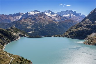 Aerial view of reservoir dam and lake lac d' Emosson, Finhaut, Switzerland, Europe