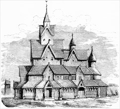 Heddal Stave Church, Norway, church building at the time of the Crusades, historical illustration