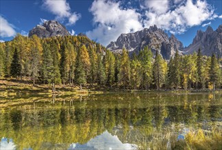 Autumn at Lake Antorno under the Cadini peaks, Dolomites, South Tyrol