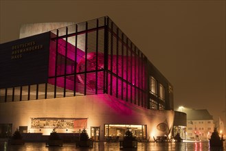 Night shot of the emigration centre in Bremerhaven. Museum Auswandererhaus in Bremerhaven at night