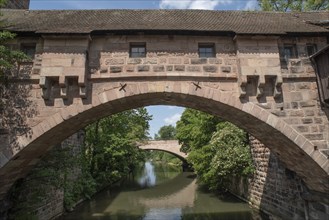 Medieval boat bridge over the Pegnitz, Nuremberg, Middle Franconia, Bavaria, Germany, Europe