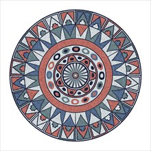 Graphic mosaic tiles tribal round pattern over white background, vector illustrtion