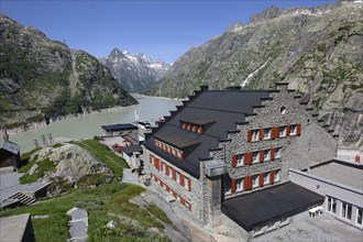 View of Grimsel Hospice Grimselhospiz with stepped gable Gable with stepped contour and red