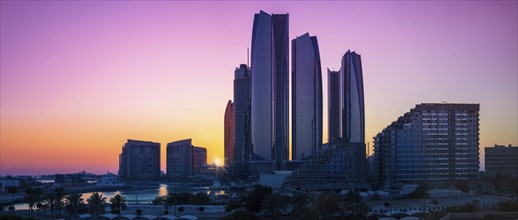 UAE, United Arab Emirates, Abu Dhabi downtown panorama and financial center skyline, Asia