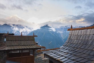 The temples at Kalpa stand across the valley from Kailash mountain in Himachal Pradesh, India, Asia