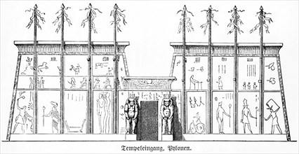 Temple entrance, pylons statues of gods, drawings, ornaments, historical illustration 1880, Orient