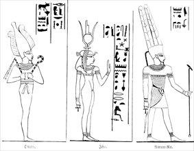 The gods Osiris, Isis and Amun-Ra, Egyptian mythology, hieroglyphics, historical illustration 1880,