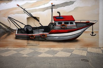 Mural, graffiti, illustrates history of fishing, fishing boat, pedestrian zone, Portimao, Algarve,